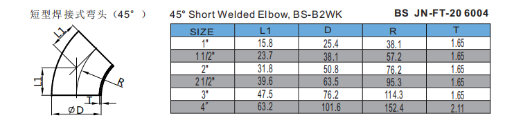 45° Short Welded Elbow, BS-B2WK