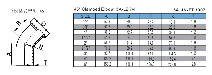 Stainless steel Sanitary L2KM grade 45D clamp-weld bend