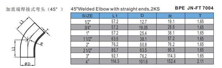 45°Welded Elbow with straight ends,2KS