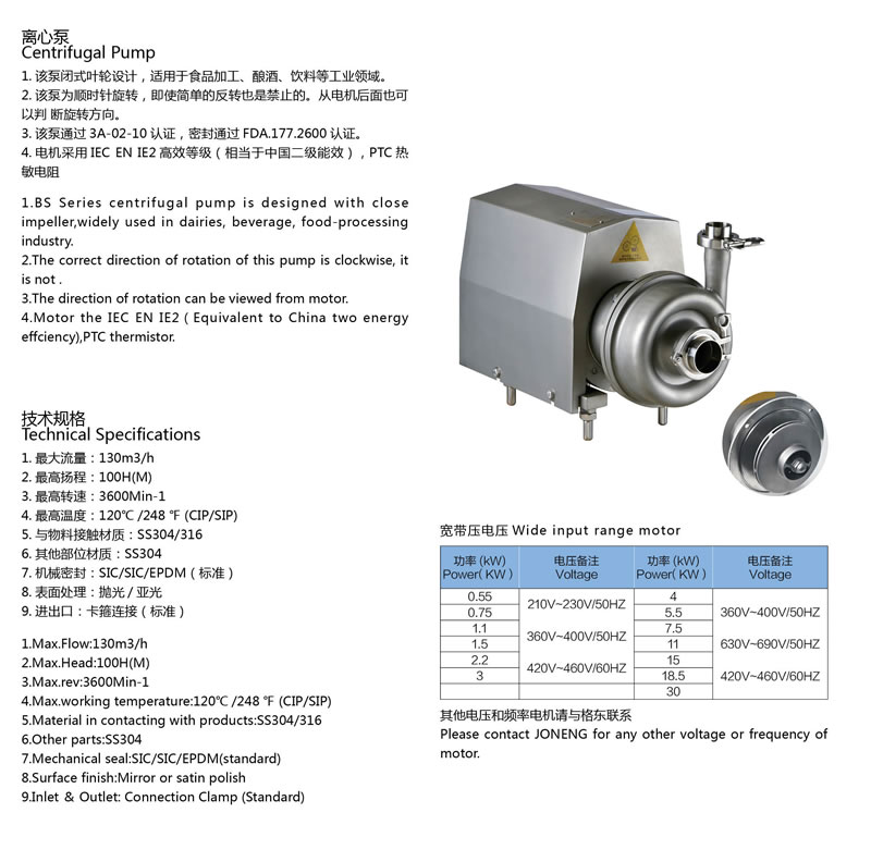 Sanitary square close type centrifugal pump