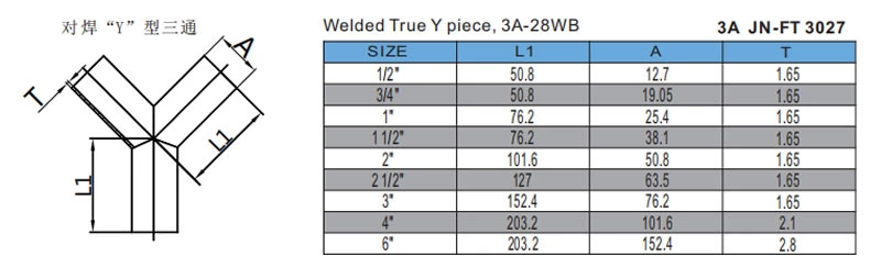 stainless steel hygienic 28W welded true Y tee