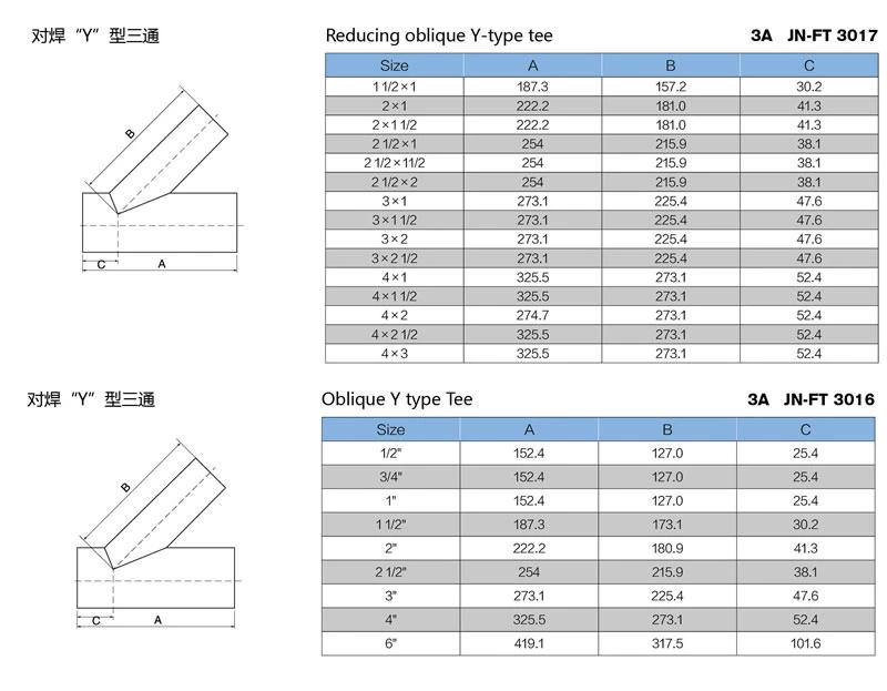 stainless steel food grade 28WA welded lateral Y tee