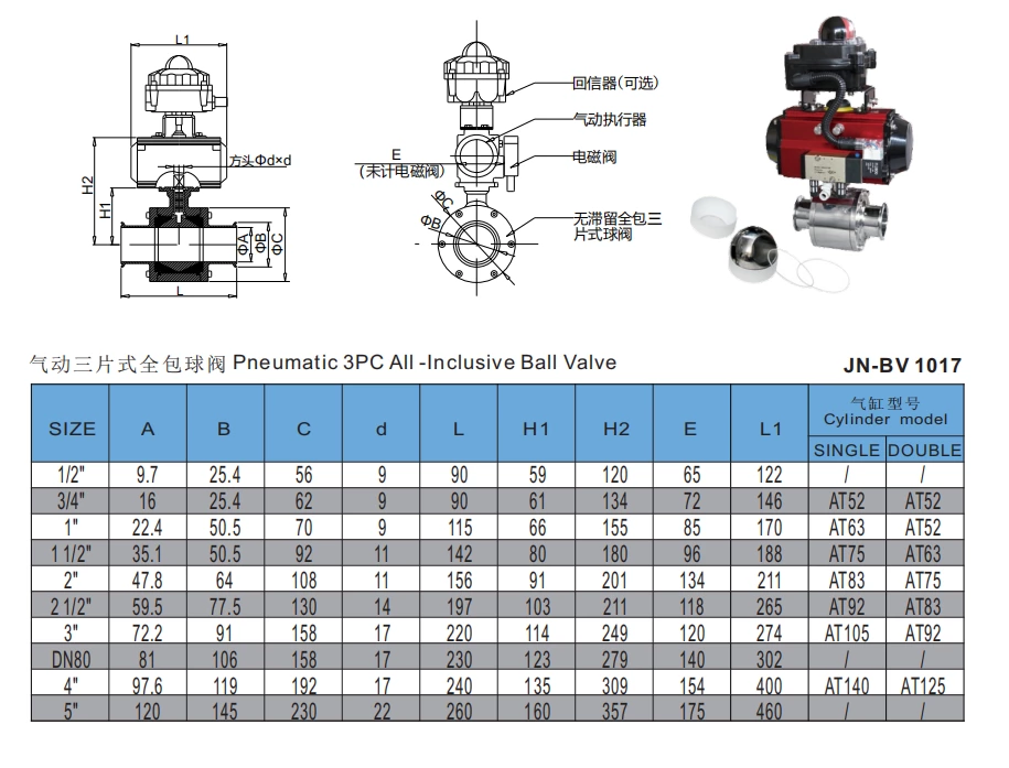 Stainless Steel Sanitary Grade Pneumatic Threaded 3 Piece Ball Valve