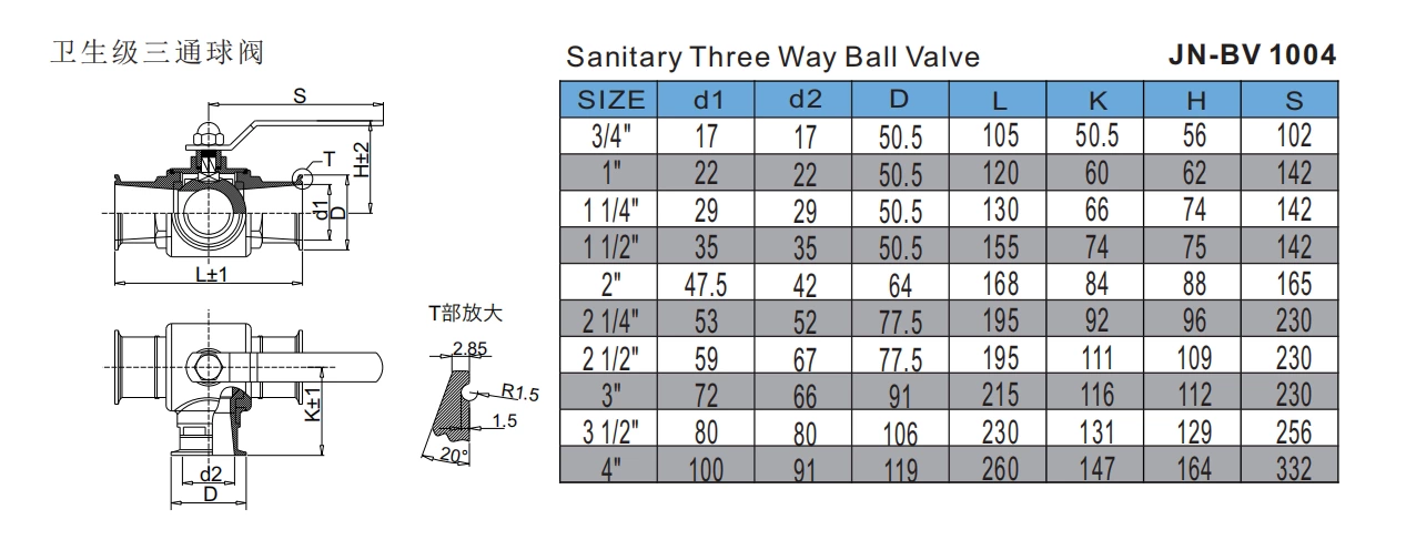 Stainless Steel Sanitary Grade Clamped Manual Type 3 Way Ball Valve