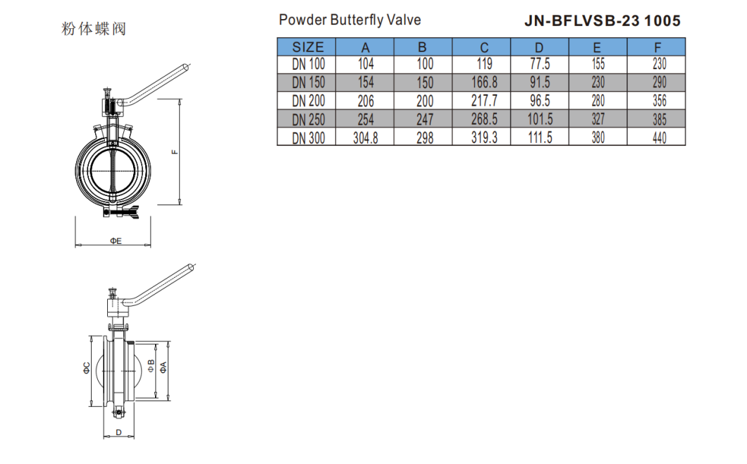 SS304/SS316L Hygienic JN-BFLVSB-23 1005 Buttefly Valves for Powder Powder Butterfly Valve Manual Welding Ends